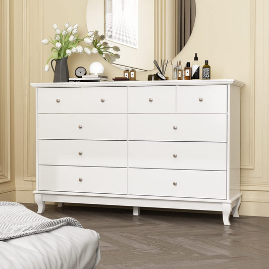 Homsee 10 Drawer Double Dresser with Stylish Carved Legs, Modern Wood Dresser Chest of Drawers with Large Storage Space for Bedroom, White (55.1”W x - WoodArtSupply