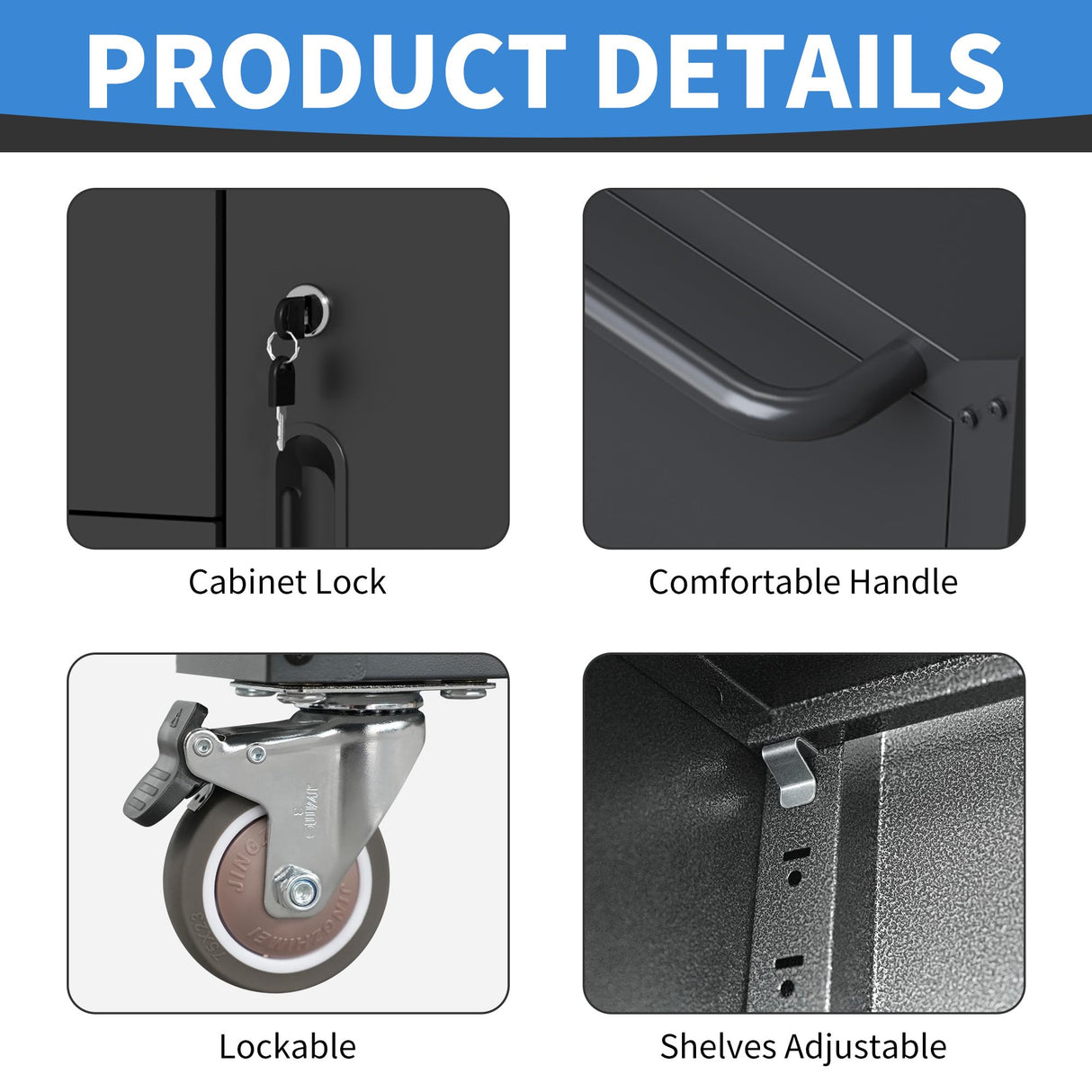 BIZOEIRON Metal Storage Cabinet with Wheels, Lockable Garage Cabinet with 2 Doors and 1 Drawer, Rolling Tool Storage, Assembly Required, Black BIZOEIRON