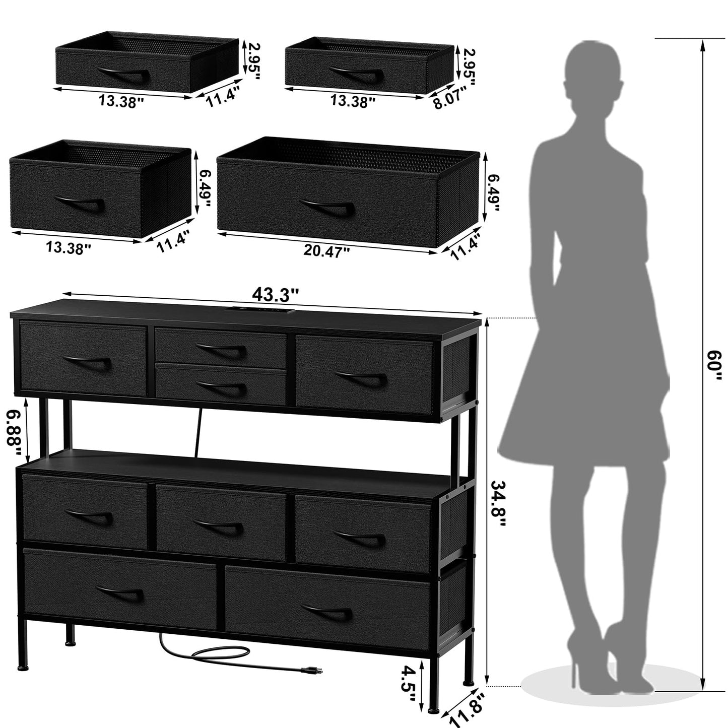 REAHOME Dresser TV Stand with Charging Station and LED Lights, 55” TV Stand with 9 Drawers, Fabric Dresser for Bedroom, Steel Frame, Large Storage Chest of Drawers for Closet, Living Room, Black Gray