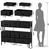 REAHOME Dresser TV Stand with Charging Station and LED Lights, 55” TV Stand with 9 Drawers, Fabric Dresser for Bedroom, Steel Frame, Large Storage Chest of Drawers for Closet, Living Room, Black Gray REAHOME