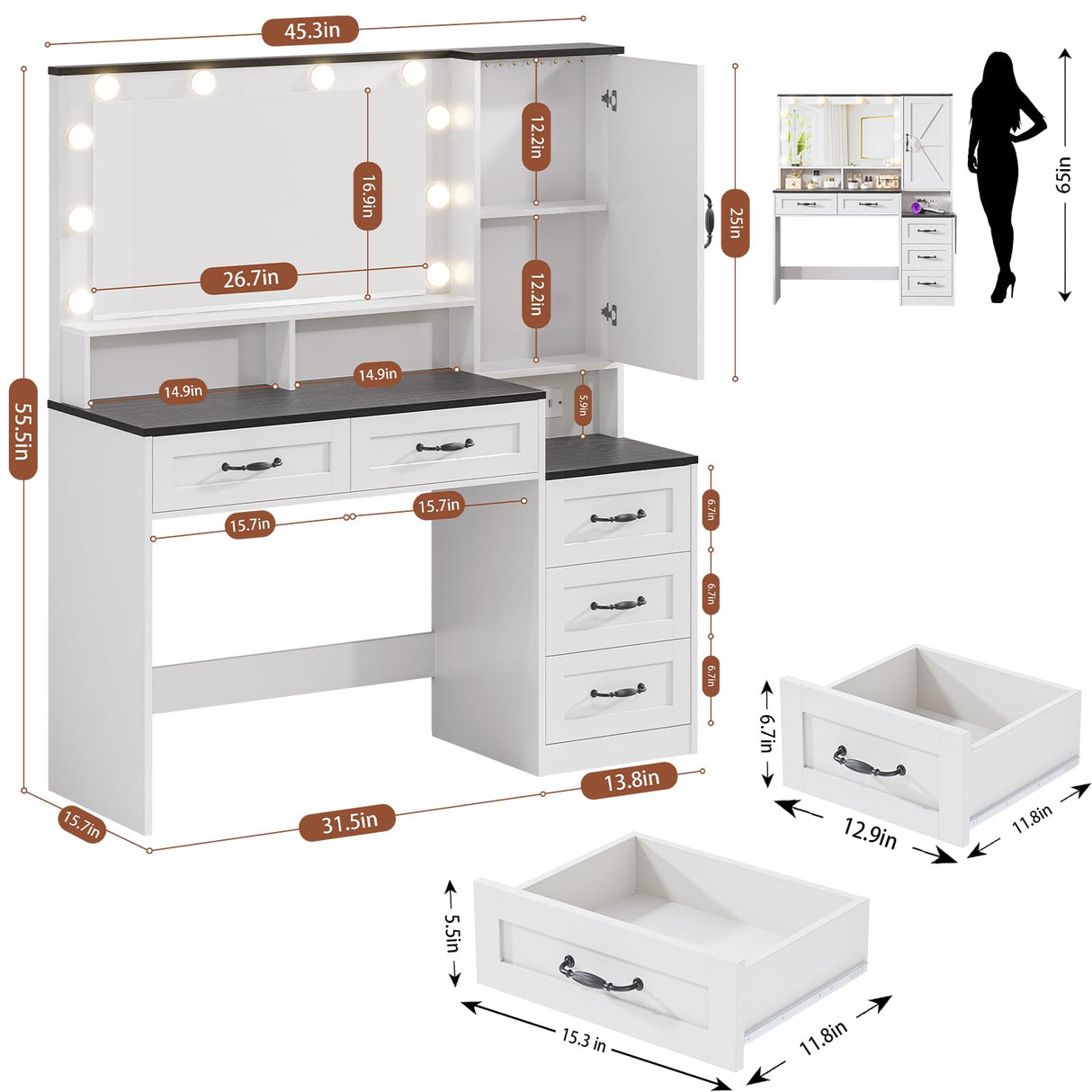 DDONGMM Farmhouse Vanity Desk Makeup Table with Mirror and 10 Lights, 45.3" Large Vanity Desk with Power Outlet, 5 Drawers, 1 Cabinet & 9 Jewelry Hooks, Dressing Table for Women Girls White & Black DDONGMM