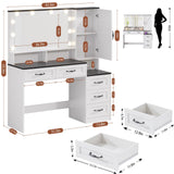 DDONGMM Farmhouse Vanity Desk Makeup Table with Mirror and 10 Lights, 45.3" Large Vanity Desk with Power Outlet, 5 Drawers, 1 Cabinet & 9 Jewelry Hooks, Dressing Table for Women Girls White & Black DDONGMM