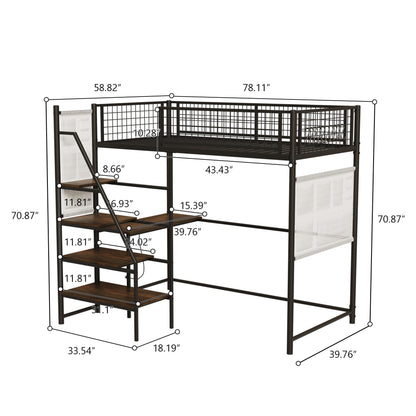 Zyerch Twin Size Metal Loft Bed with Desk, Heavy Duty Loft Bed Frame with Storage Stairs, 1 Fabric Drawers and Built-in Charging Station and LED Lighting for Bedroom and Dormitory-Black