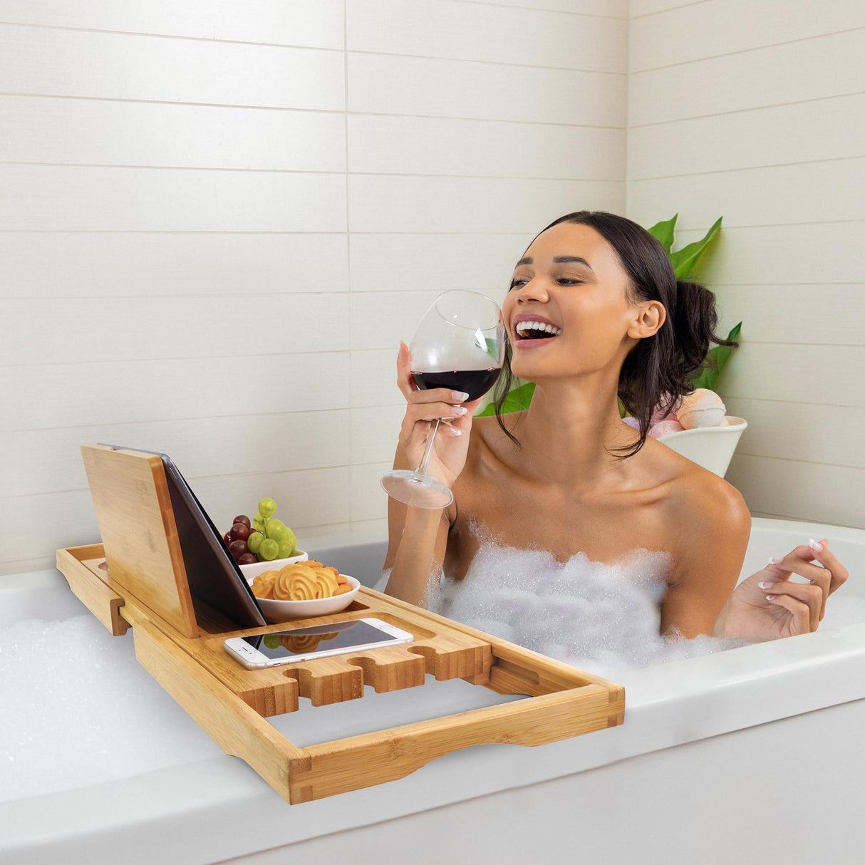 Utoplike Bamboo Bathtub Caddy Tray Bath Tray for Tub, Adjustable Bathroom Bathtub Organizer with Book Tablet Wine Glass Cup Towel Holder (24.5"-37.4") Utoplike