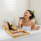 Utoplike Bamboo Bathtub Caddy Tray Bath Tray for Tub, Adjustable Bathroom Bathtub Organizer with Book Tablet Wine Glass Cup Towel Holder (24.5"-37.4") Utoplike
