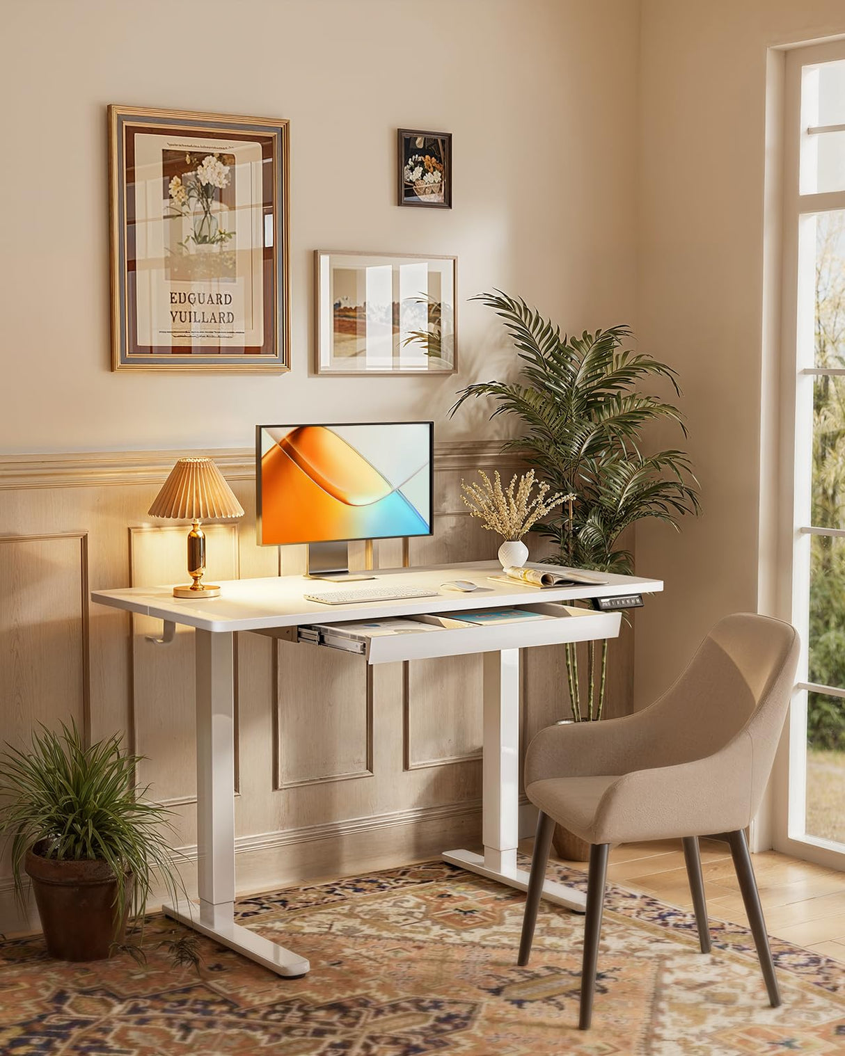 ErGear Electric Standing Desk with Drawers, 48" x 24" Height Adjustable Desk with 4 Preset, Home Office Computer Table with Splice Board, White ErGear