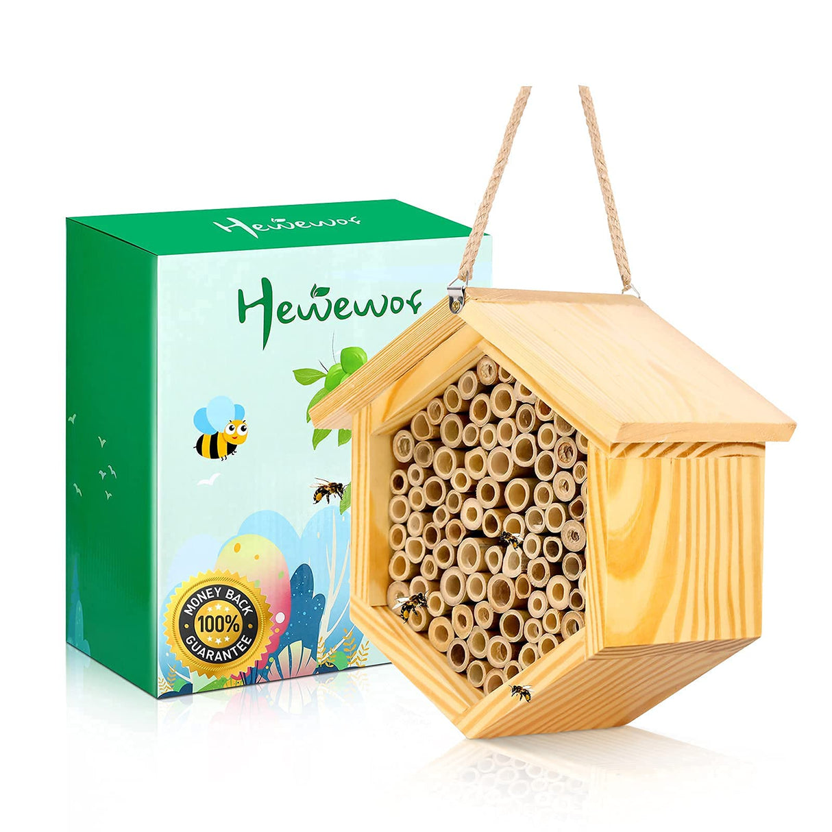 Mason Bee House Native Bee Hive Hexagon Bee House Natural Handmade Wooden Mason Bee Box Habitat Home Hotel with Bamboo Tubes -Attracts Peaceful Bee Pollinators to Enhance Your Garden's Productivity hewewor