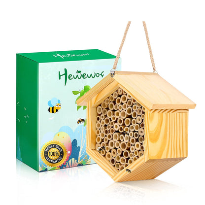 Mason Bee House Native Bee Hive Hexagon Bee House Natural Handmade Wooden Mason Bee Box Habitat Home Hotel with Bamboo Tubes -Attracts Peaceful Bee Pollinators to Enhance Your Garden's Produc - WoodArtSupply