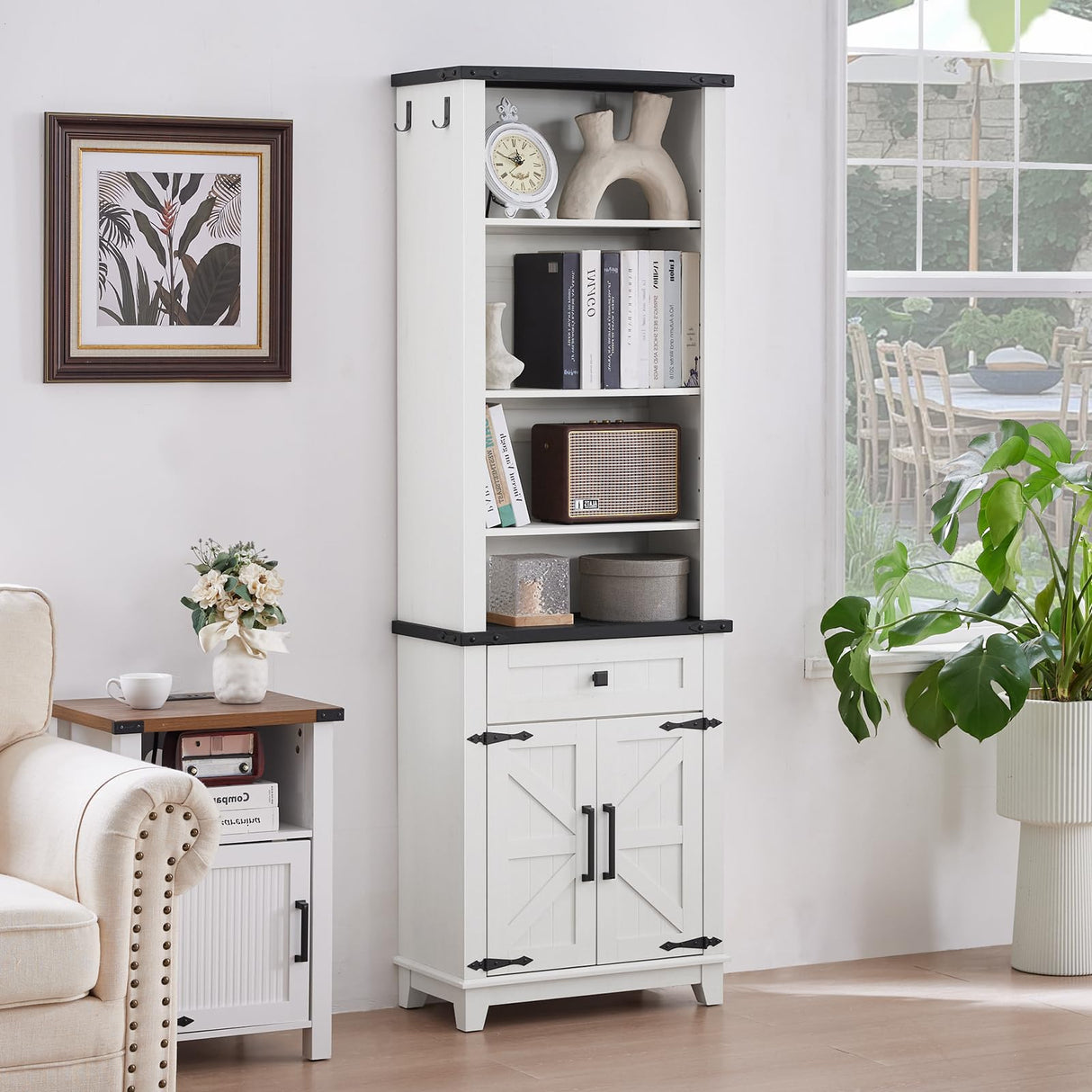 Joaxswe 72in Tall Bookshelf 7 Tier Bookcase with Drawer and Barn Doors and Adjustable Shelves, White Farmhouse Book Shelf with Storage Cabinet, Wood Freestanding Display Bookshelves for Living Room Joaxswe