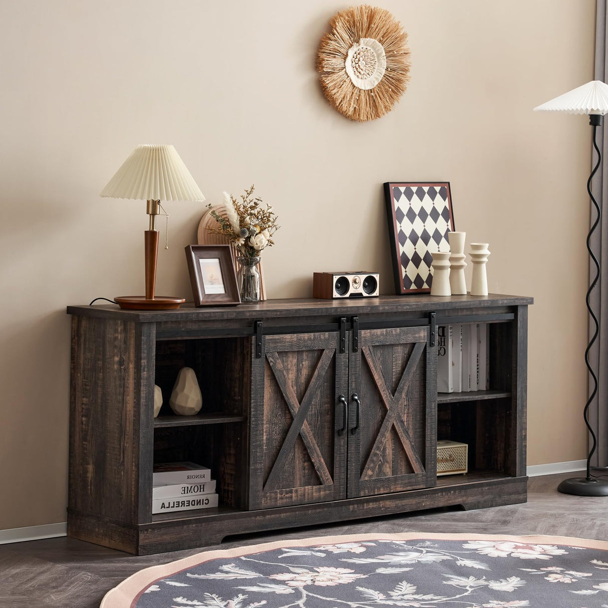 AMERLIFE 66" Farmhouse TV Stand for 75 Inches TVs, Entertainment Center with Sliding Barn Door and Adjustable Shelf & Feet, Console Table with Storage, Dark Rustic Oak AMERLIFE