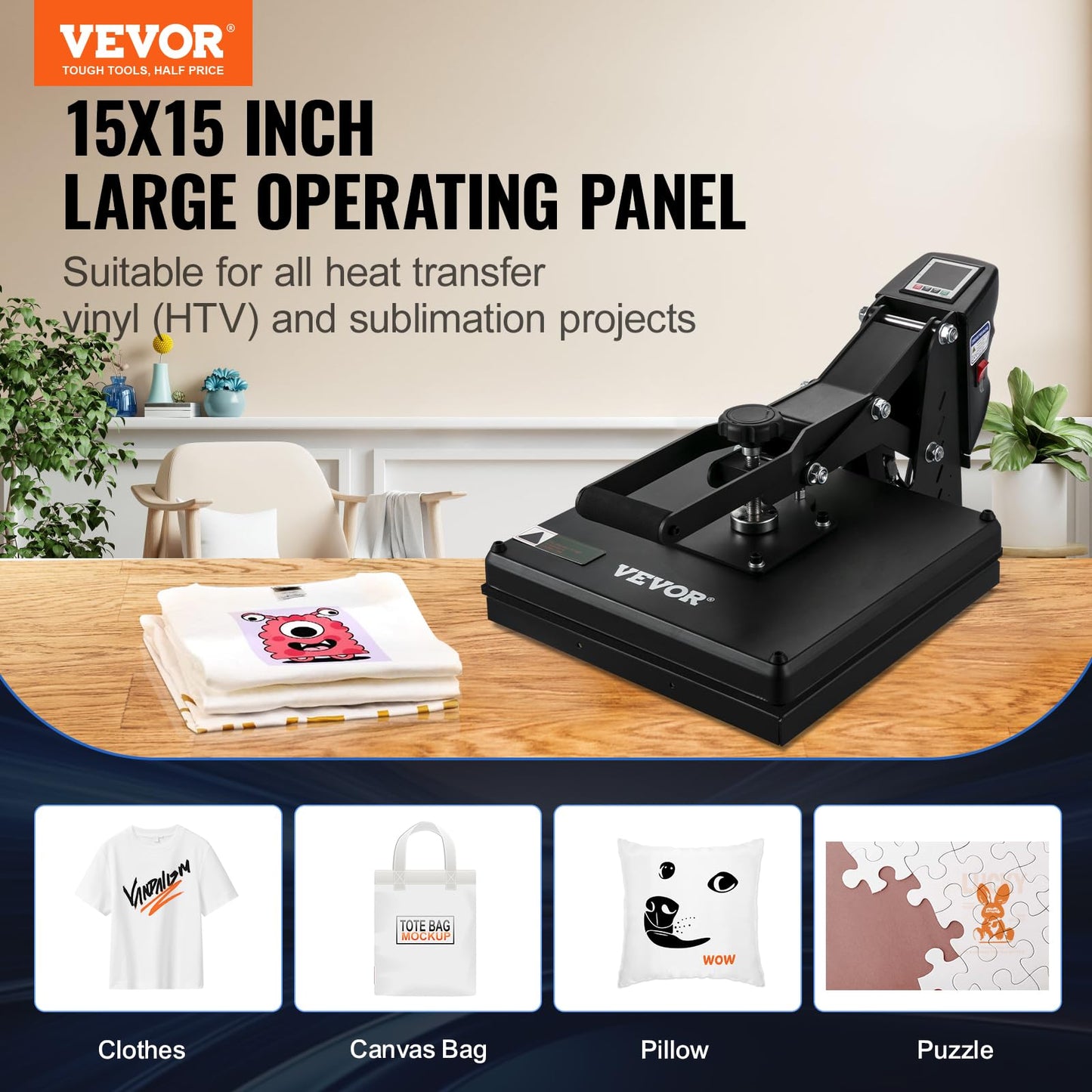 VEVOR Heat Press 15 x 15 - Heat Press Machine for T-Shirts, Fast Heating, High Pressure for Digital Industrial-Quality Sublimation Printer for Heat Transfer Vinyl, 15" x 15", Black - WoodArtSupply