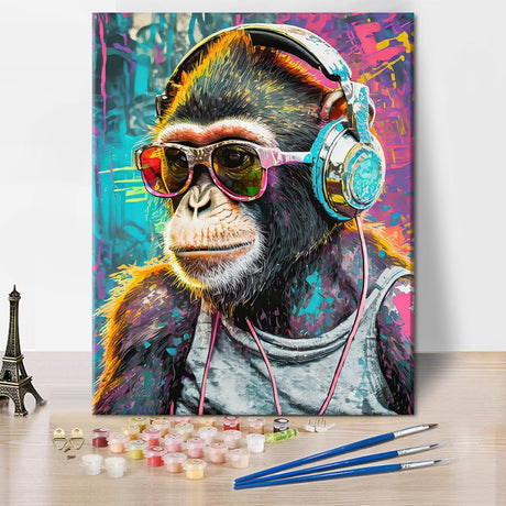 TUMOVO Monkey Adults' Paint-by-Number Kits DJ Monkey DIY Paint by Numbers Kit Animal Oil Painting for Adults Animal Monkey Paint by Number Arts Craft, 3 Brushes Without Frame, 16 x20 Inch TUMOVO