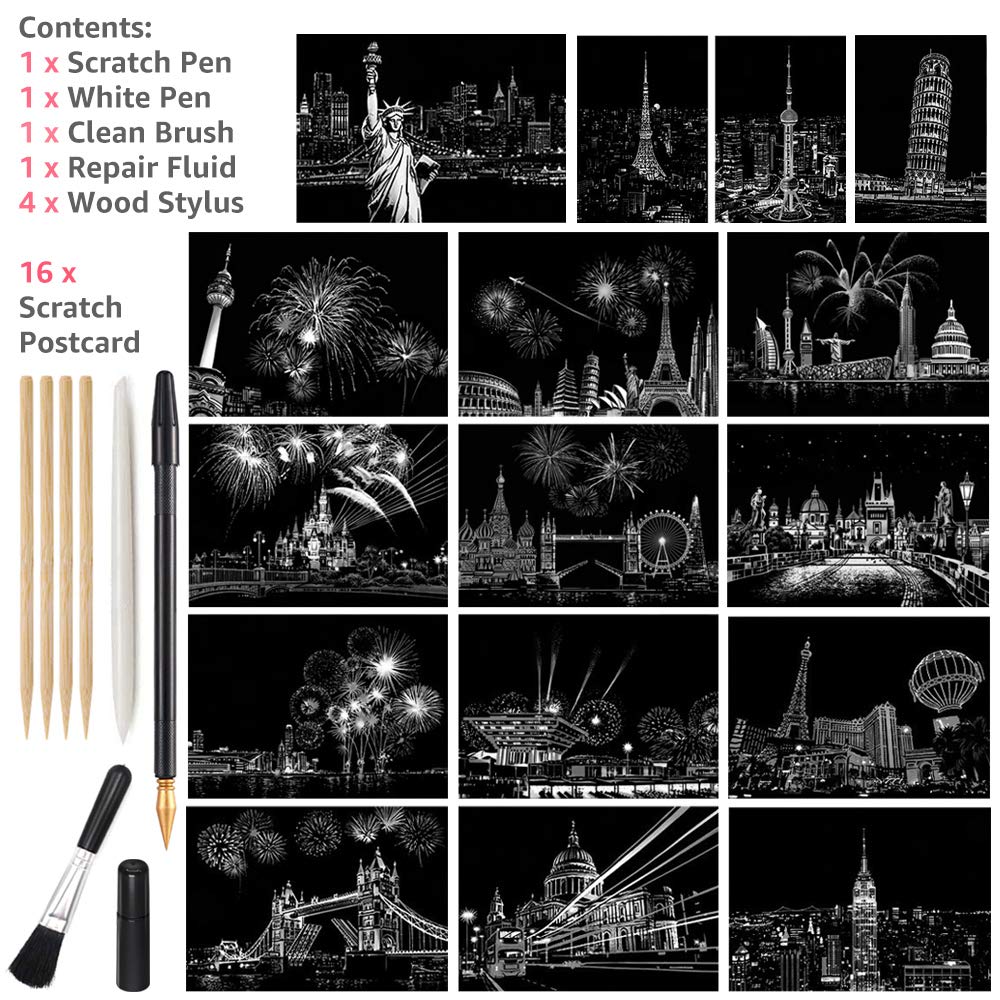 Magic Scratch Art Paper, Mini Envelope Postcard, Rainbow Night View Scratchboard for Adults and Kids, Art & Crafts Set : 16 Sheets Scratch Cards & 8 Tools Drawing Pen, Brush (Travel Around The World) M MUGIT