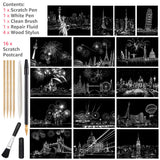 Magic Scratch Art Paper, Mini Envelope Postcard, Rainbow Night View Scratchboard for Adults and Kids, Art & Crafts Set : 16 Sheets Scratch Cards & 8 Tools Drawing Pen, Brush (Travel Around The World) M MUGIT
