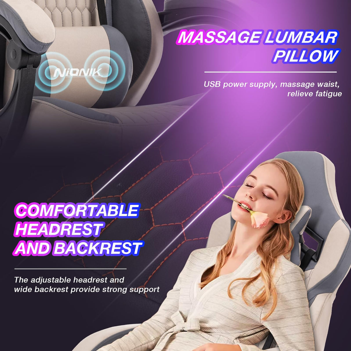 Gaming Chair,Ergonomic Computer Chair,Racing Style Gaming Chair with Massage Waist Pillow and Headrest, Height Adjustable PVC Leather Video Gaming Chair for Office/Home, Beige NIONIK