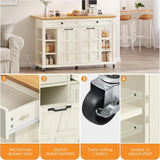 DWVO Kitchen Island with Drop Leaf, Tilt Out Trash Can Cabinet, Mobile Storage Islands with Power Outlet, Americana Rolling Island Table on Wheels with Open Shelves for Dining Room, Off White DWVO
