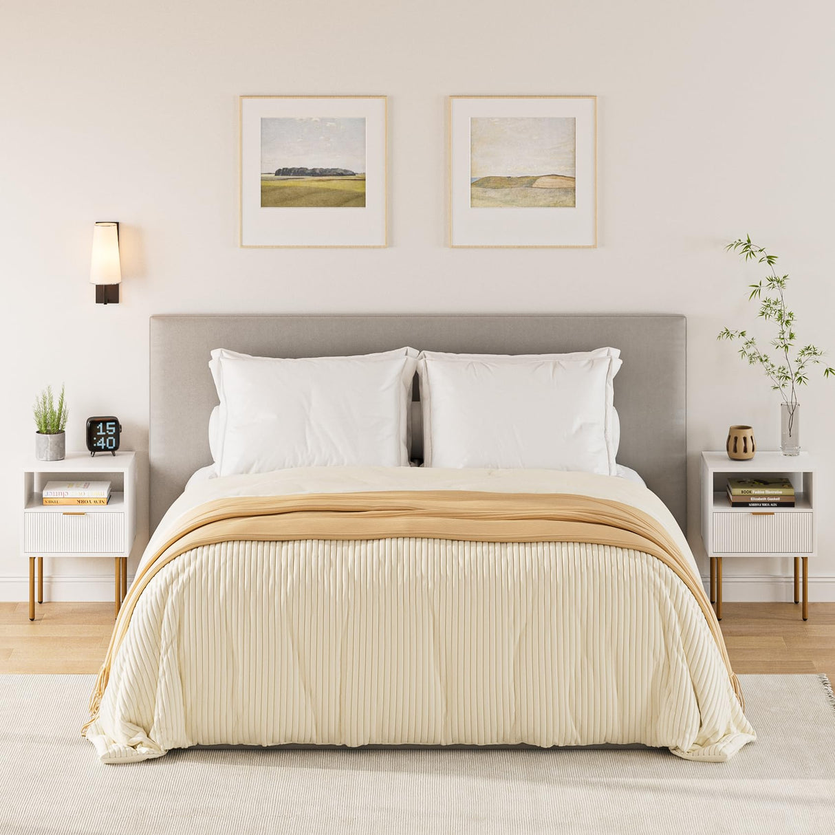 Masupu Nightstand,Mid-Century Modern Bedside Table with Storage Drawer and Open Wood Shelf,Small Gold Frame Side Table for Bedroom,Living Room,White Masupu