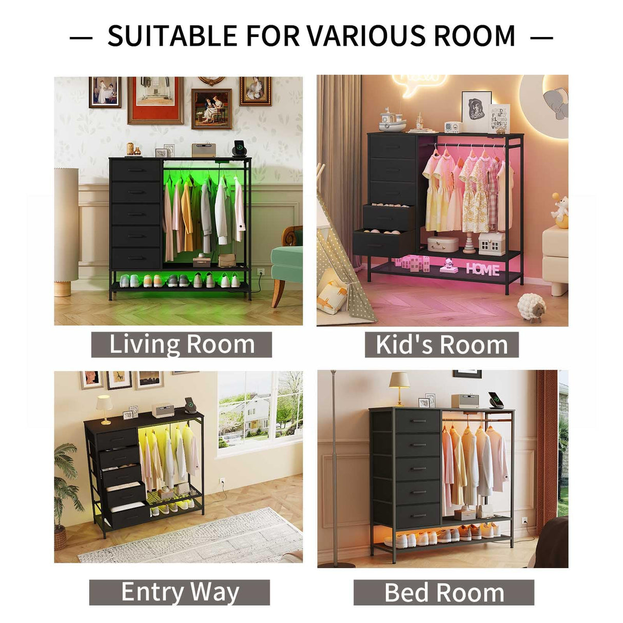 Dresser for Bedroom, Dresser with Hanging Rack Led Lights and Charging Station, Black Bedroom Dresser with 5 Fabric Chest of Drawers with PU Finish Storage Organizer, for Living Room Kids Room, Black SOOWERY