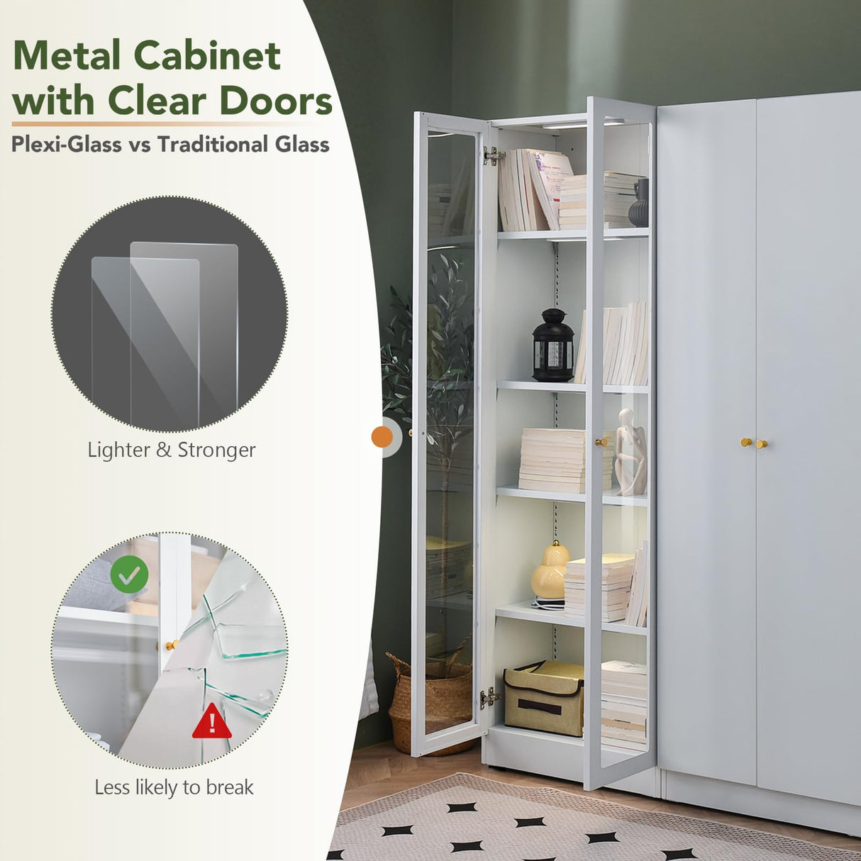 Metal Storage Cabinet with Doors, Tall Bookcase with 4 Adjustable Shelves, 70.87" Cabinet Display Case for Collectibles, White Bookshelf for Home Office, Living Room, Library Generic