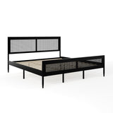 Martha Stewart Jax Platform Bed with Rattan Headboard and Footboard, Solid Wood Frame, Wooden Support Slats, No Box Spring Needed, King Size, Black Martha Stewart