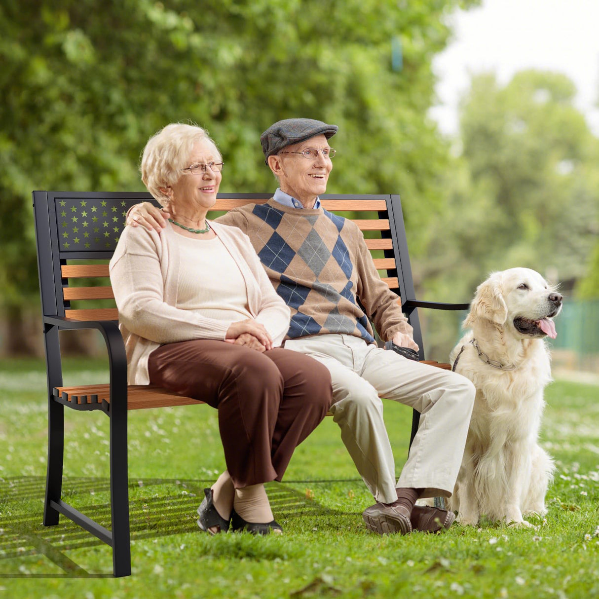 Tangkula 50” Patriotic Metal Garden Bench for 2 with Rustic Wood Finish and Ergonomic Design Tangkula