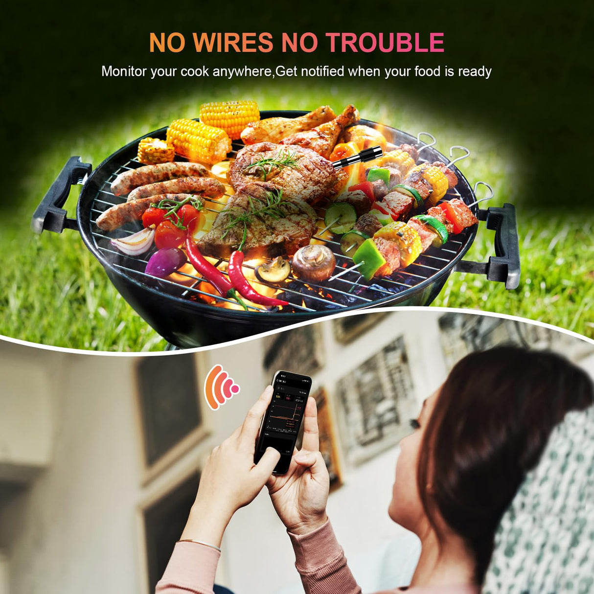 Wireless Smart Meat Thermometer with Dual-Sensor Probe, 500FT Remote Monitoring, Dedicated App, Real-Time Ambient and Food Temperature Tracking for Precise Cooking Control Dewjom