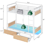 Jocoevol Metal LED Bunk Bed Twin Over Twin with 2 Storage Drawers, USB Charging Station, Industrial Bunkbeds Heavy Duty Bed with Safety Guardrail and Ladder, No Box Spring Needed, White Jocoevol