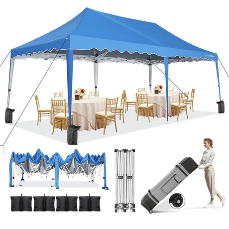 HOTEEL 10x20 Pop Up Canopy Tent for Parties, Easy Setup Canopy Tent for Backyard, Waterproof Outdoor Gazebo for Wedding Event Patio, Outside Instant Vendor Tent with 4 Sandbags & Rolling Bag, Blue Hoteel