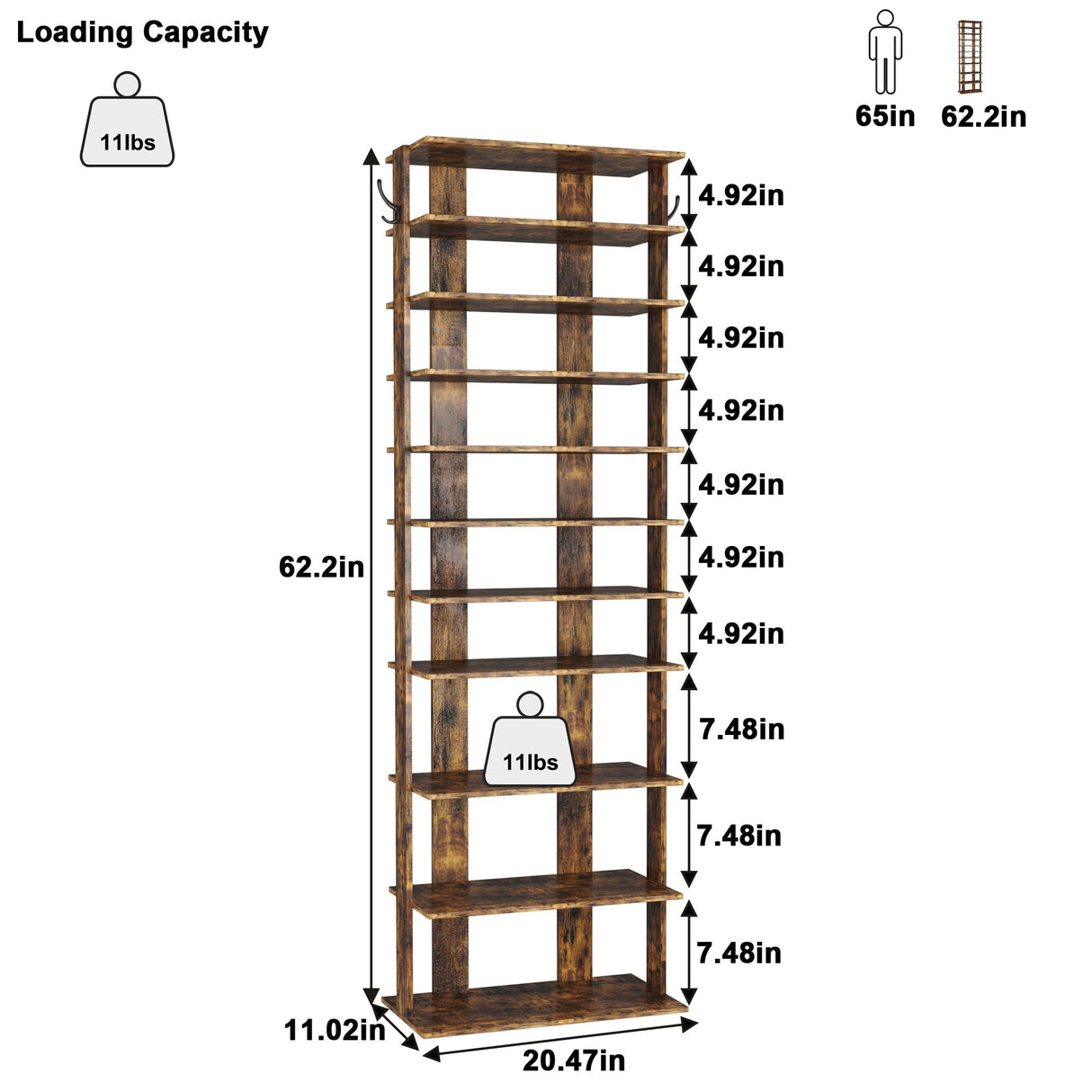 HOMEFORT 10-Tier Vertical Shoe Rack, Corner Shoe Tower, Double Rows 10 Tiers Shoe Shelf, Slim Shoe Storage Unit for 20 Pairs of Shoes, Shoe Stand for Entryway, Hallway, Closet (Rustic Brown) HOMEFORT
