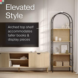 Stead 4-Tiered Arched Book Shelf - Light Oak & Natural Rattan, Metal Frame - Industrial Arched Bookcase & Fluted Bookshelf Stead