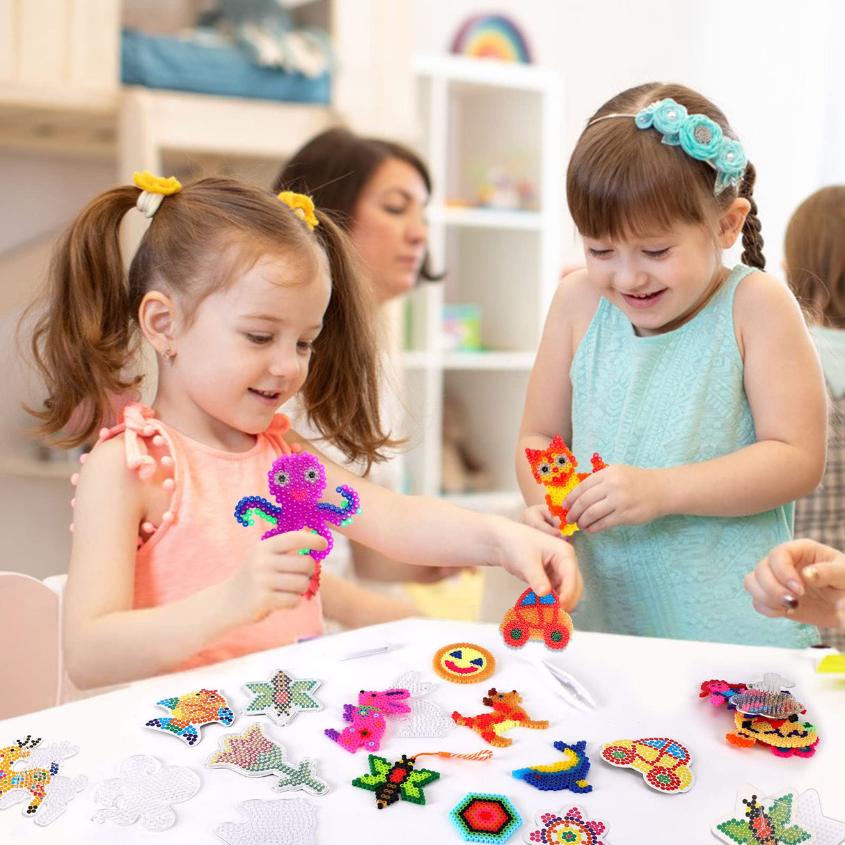 20 Pieces 5mm Fuse Beads Pegboards Clear Animal Shape Plastic Pegboards Craft Tray with 20 Pieces Colorful Cards for Kids DIY Craft Beads AUGSUN