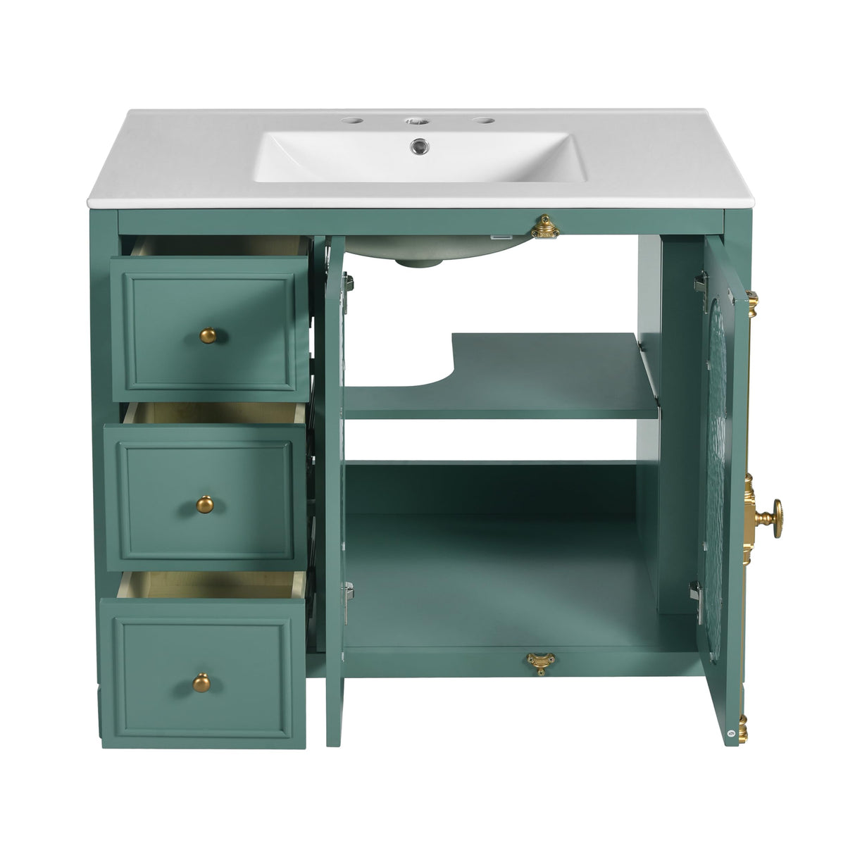 LUMISOL 36 Inch Bathroom Vanity with Sink, Free Standing Bathroom Sink Cabinet with 3 Drawers, 2 Glass Door & Side Storage, Vintage Bathroom Vanities with Ceramic Sink, Solid Wood Frame, Green LUMISOL