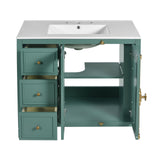 LUMISOL 36 Inch Bathroom Vanity with Sink, Free Standing Bathroom Sink Cabinet with 3 Drawers, 2 Glass Door & Side Storage, Vintage Bathroom Vanities with Ceramic Sink, Solid Wood Frame, Green LUMISOL