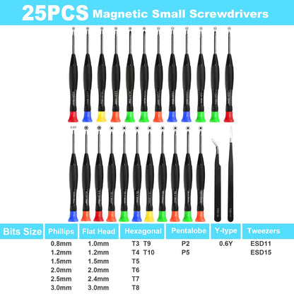 Precision Screwdriver Set, 25 PCS Small Screwdriver Set Magnetic, with Torx Flathead Phillips Star Pentalobe Y Screwdrivers, ESD Tweezers for Eyeglass Watchmaker Computer PC Electronic Laptop Jewelers