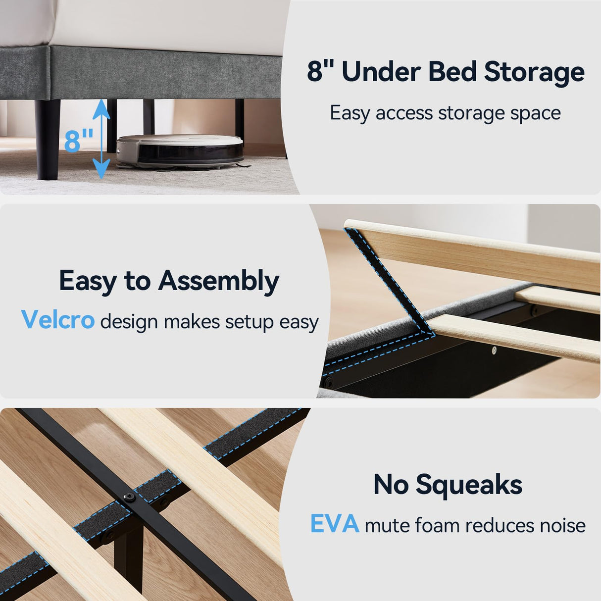 Queen Size Bed Frame with LED Lights and Charging Station, Chenille Upholstered Platform Queen Bed Frame with Headboard, No Box Spring Needed Bedframe, Noise Free, Easy Assembly, Gray Susalt