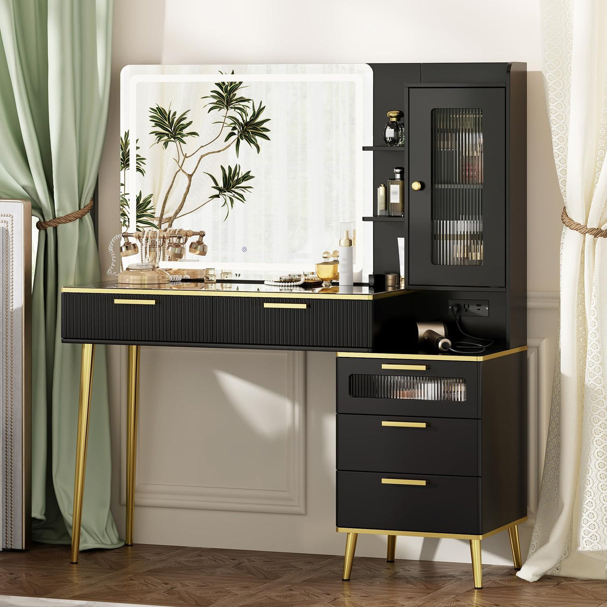 Chrangmay 47.24" Big Modern Vanity Desk with Mirror and Lights,Makeup Vanity Desk with 5 Drawers and Storage Shelves & Power Outlet,Dressing Table with Glass Top, Black Chrangmay