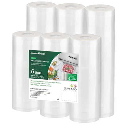 Bonsenkitchen Vacuum Sealer Rolls Bags, 6 Pack 3 Rolls 11" x 20' + 3 Rolls 8" x 20' Commercial Grade BPA Free Bag Rolls, Durable Customized Size Food Vac Bags for Storage and Sous Vide Cooking VB3211