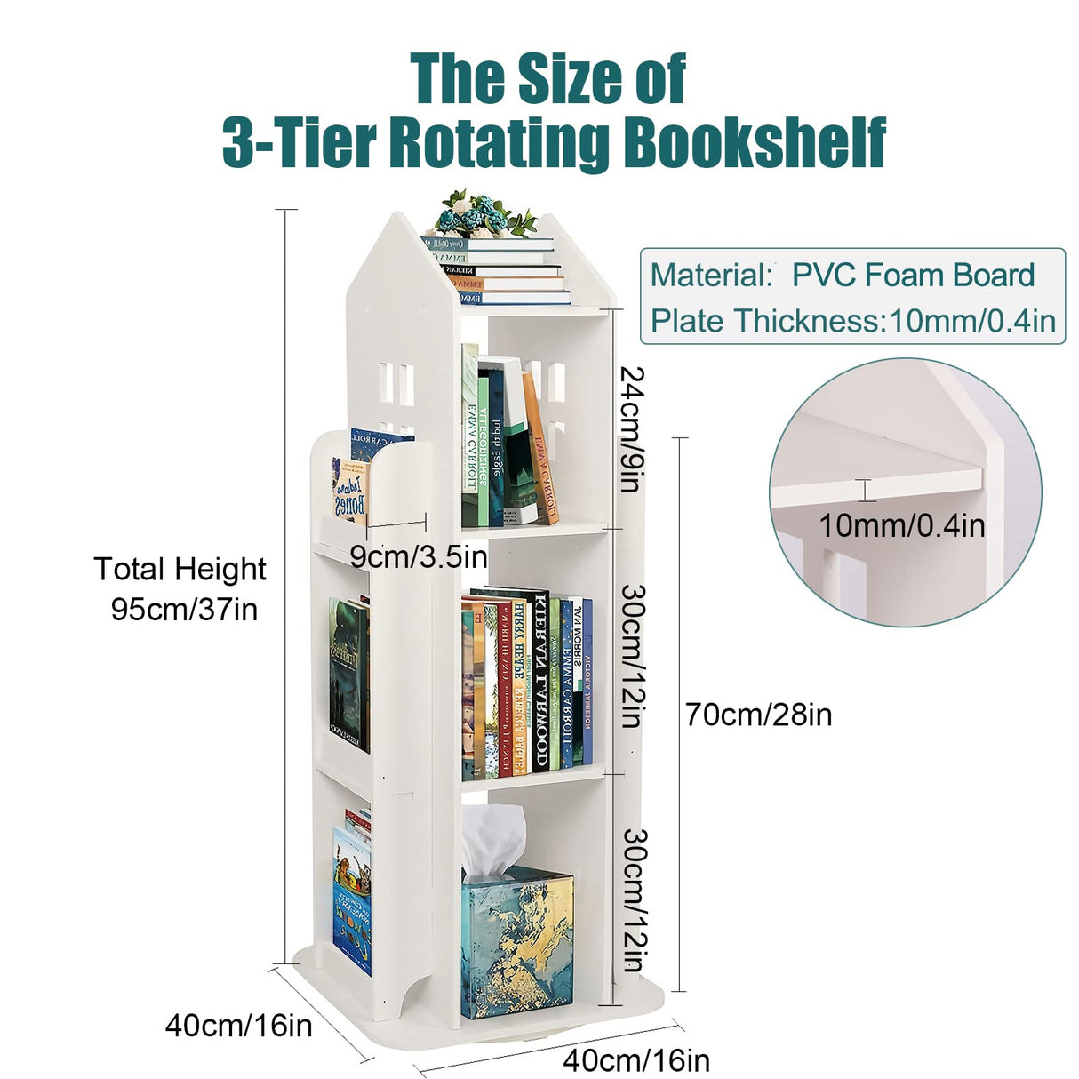 Foriy 3-Tier Rotating Children's Bookshelf - 360° Floor Stand Book Organizer in White foriy