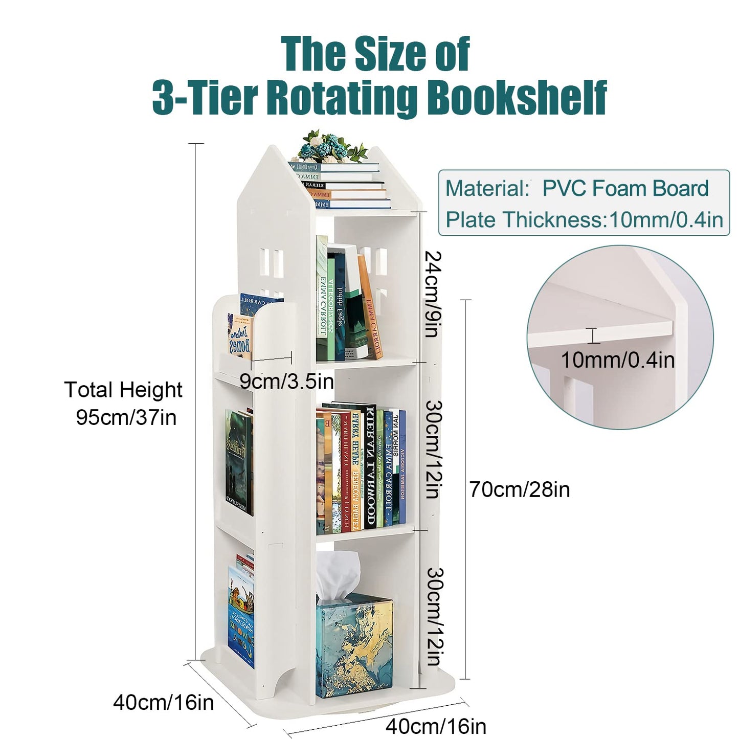 Foriy 3-Tier Rotating Children's Bookshelf - 360° Floor Stand Book Organizer in White - WoodArtSupply