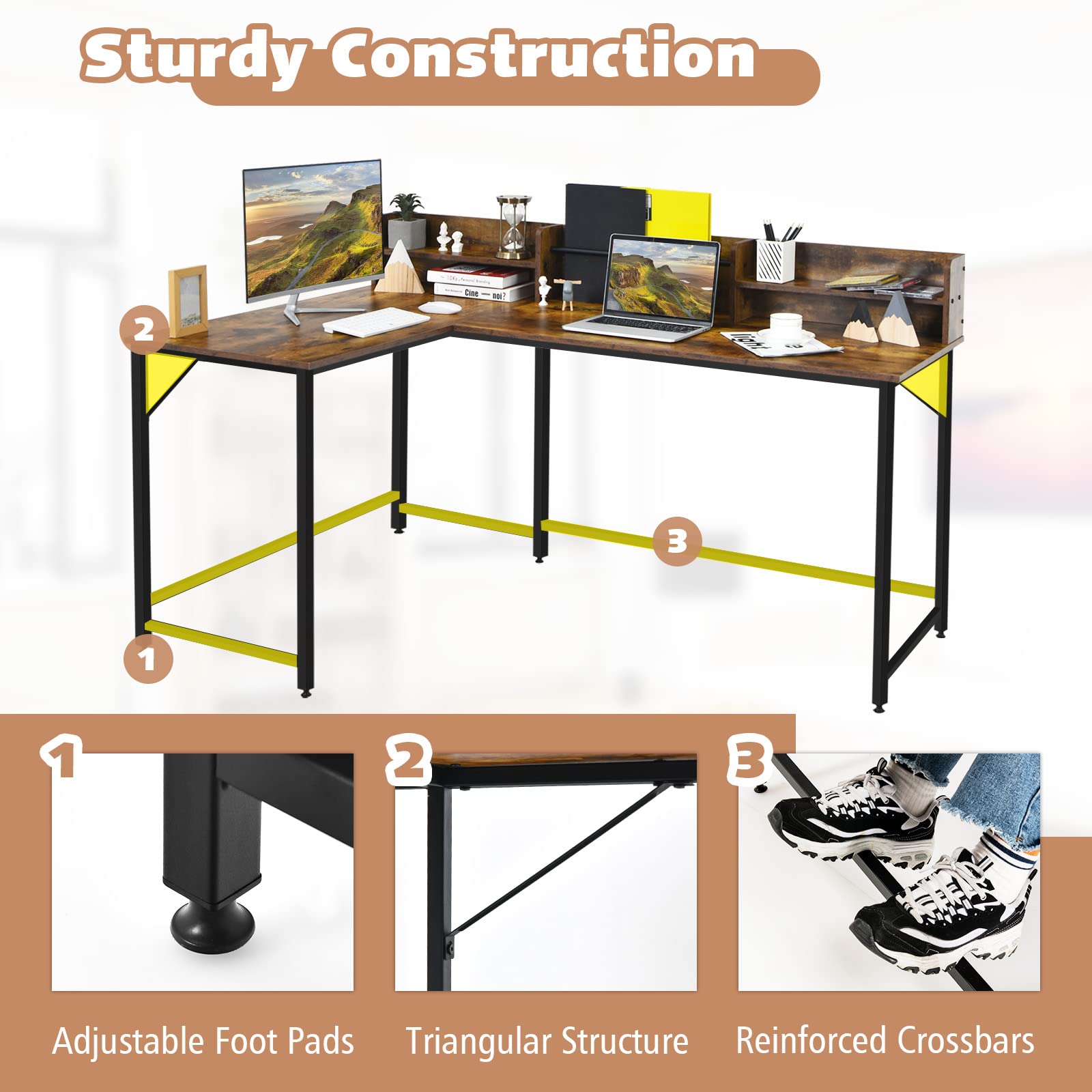 COSTWAY L-shaped Computer Desk with Hutch, Space-saving Corner Computer Desk with File Rack & 2 Shelves, 66.5” Industrial Table with Heavy-duty Steel Frame, for Home Office Study Room (Rustic - WoodArtSupply