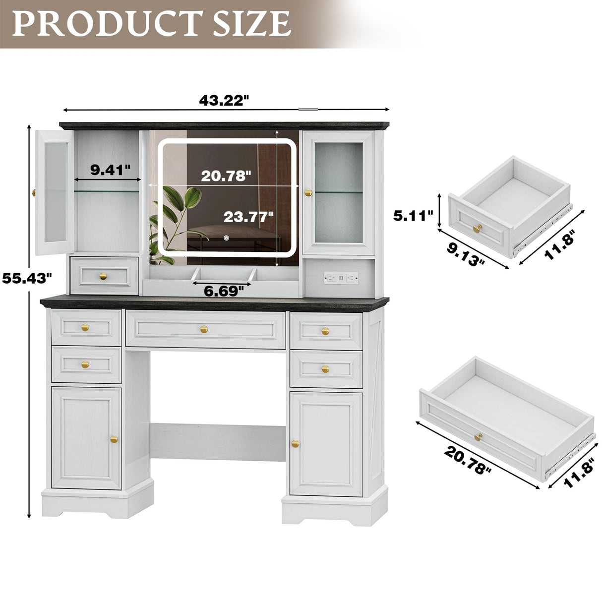 Vanity Desk with HD Lighted Mirror & Power Outlet, Farmhouse Makeup Vanity Table Set with Storage Drawers & RGB Cabinets, Large Dressing Table with 3 Lighting Modes for Women Girls Kids Bedroom, White Xixini