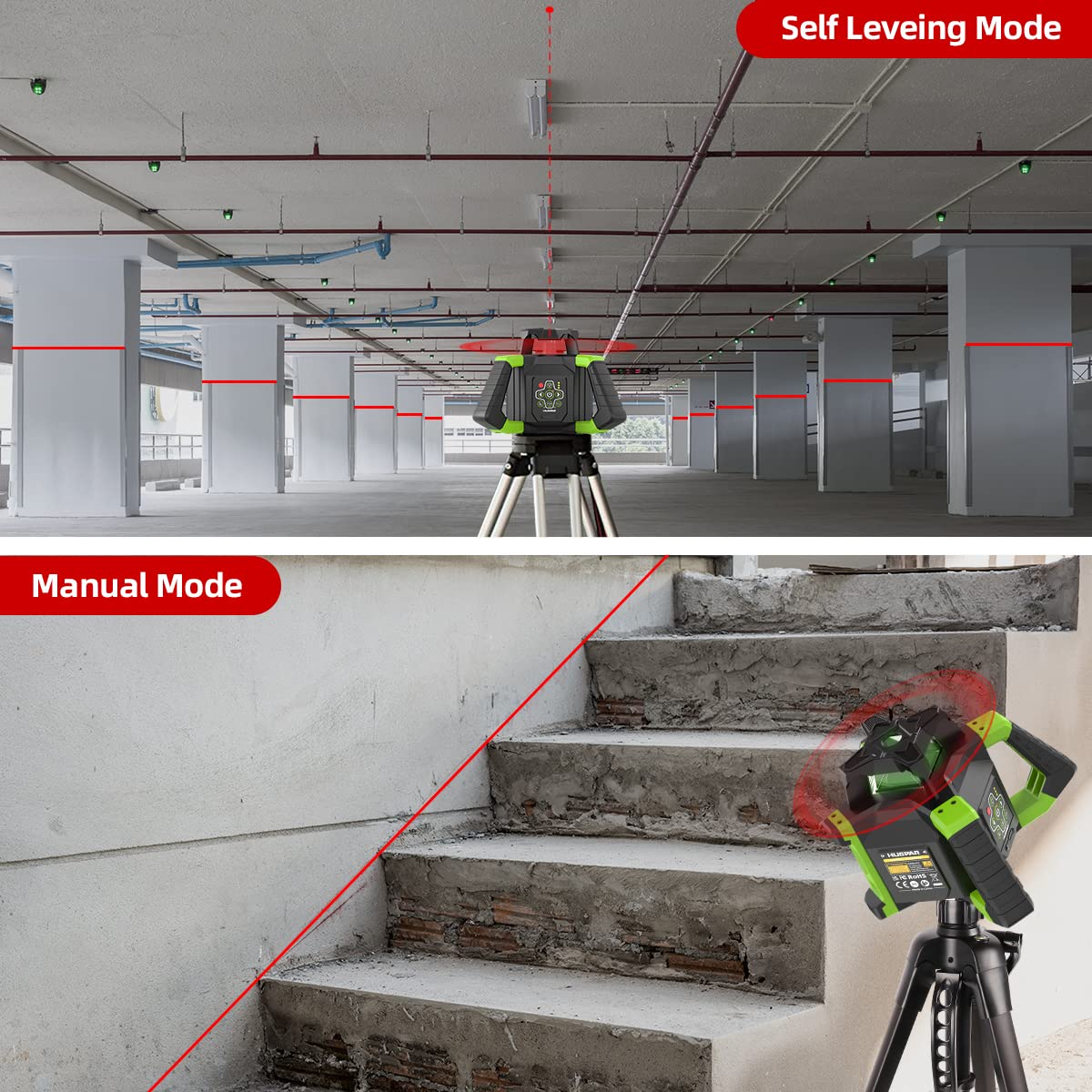 Huepar Electronic Self-Leveling Rotary Red Laser Level Kit - 360 Horizontal Laser Beam Interior/Exterior Rotating Laser Level Tool with Receiver, Protective Glasses, Li-ion Battery, Hard Case RL300HR Huepar