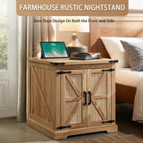 Barnyatoh Farmhouse Boho End Table with Charging Station, 24" Large Side Table with Rattan Barn Door, Rustic Wood Square Nightstand Bedside Table with Storage for Living Room, Bedroom, Natural Barnyatoh