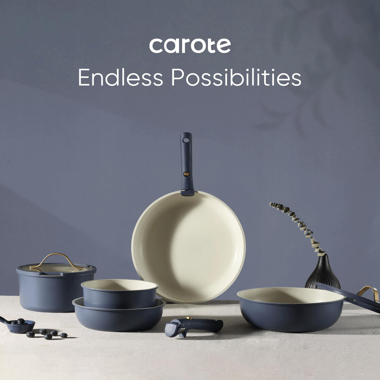 CAROTE 19pcs Pots and Pans Set, Nonstick Cookware Set Detachable Handle, Induction Kitchen Cookware Sets Non Stick with Removable Handle, RV Cookware Set, Gold and Blue CAROTE