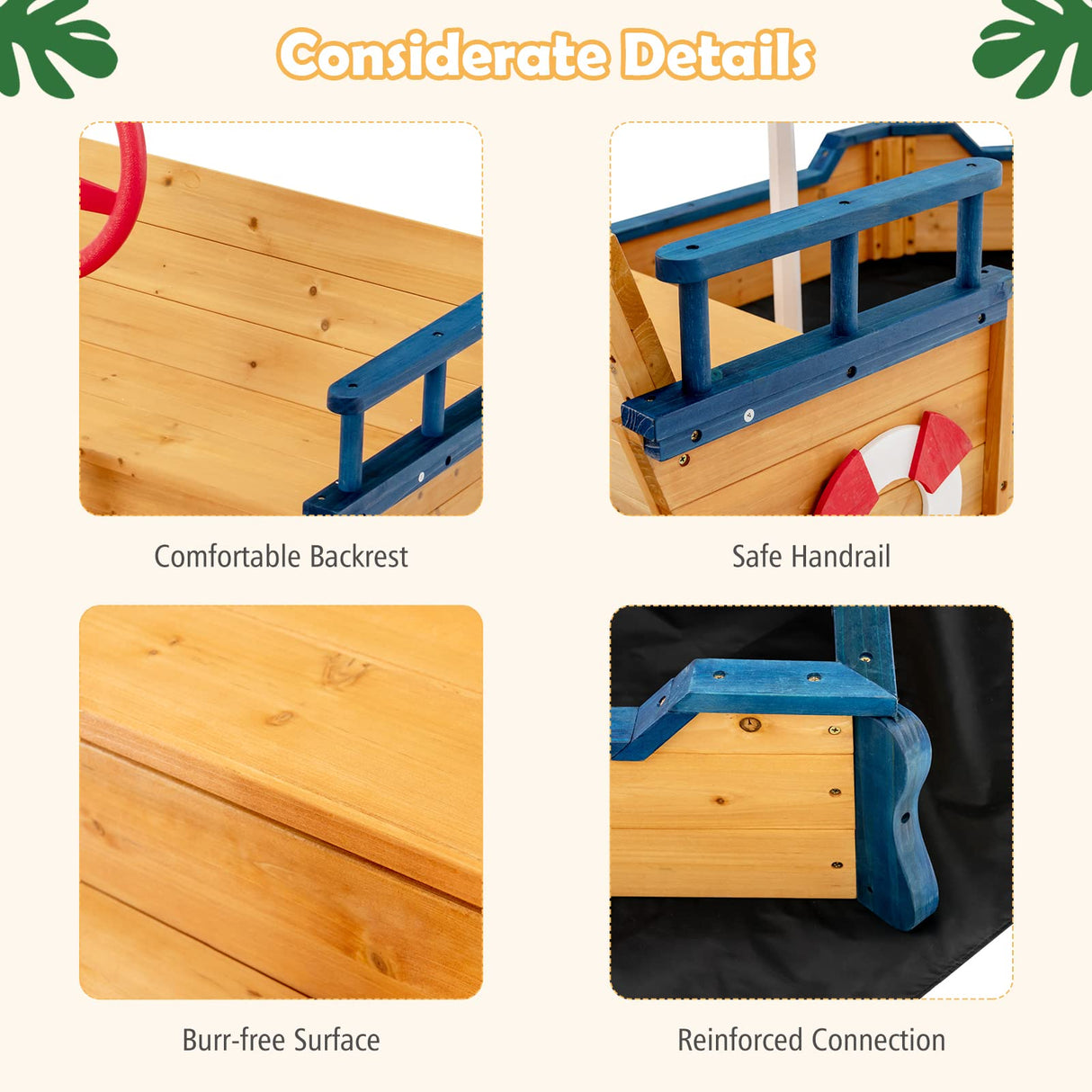 Costzon Pirate Boat Wood Sandbox for Kids, Wooden Pirate Sandpit w/Bench Seat, Storage Space, Ground Liner, Realistic Flag Rudder Buoy, Children Outdoor Playset for Backyard, Home, Lawn, Garden Costzon