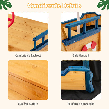 Costzon Pirate Boat Wood Sandbox for Kids, Wooden Pirate Sandpit w/Bench Seat, Storage Space, Ground Liner, Realistic Flag Rudder Buoy, Children Outdoor Playset for Backyard, Home, Lawn, Garden Costzon