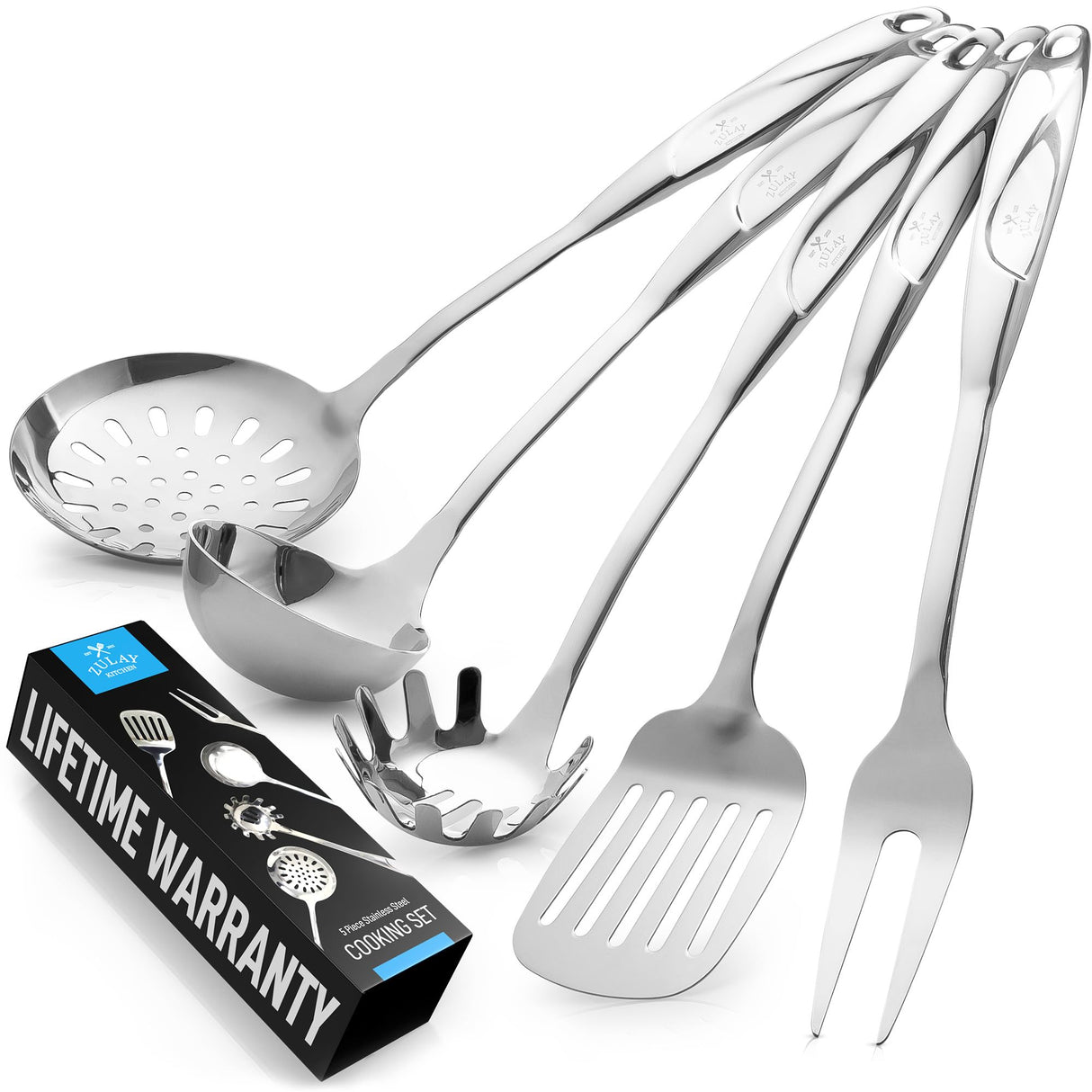 Zulay Kitchen Stainless Steel Cooking Utensil - Stainless Steel Kitchen Utensil - Durable Kitchen Gadgets - Metal Kitchen Accessories - Easy to Clean Kitchen Tools - 5 Piece Set Zulay Kitchen