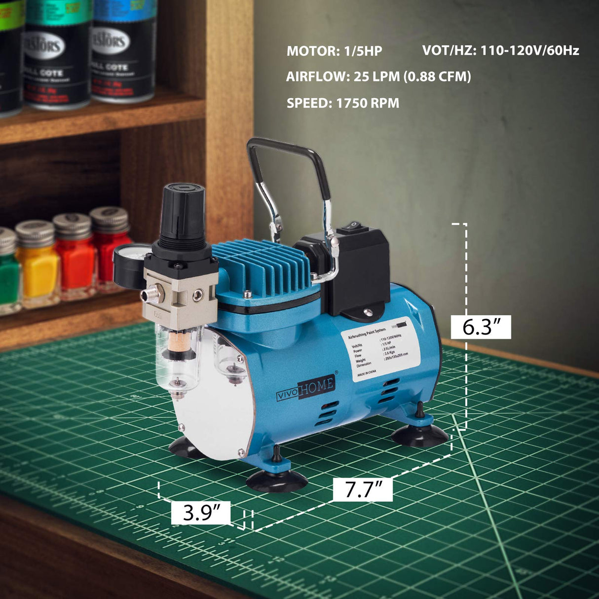 VIVOHOME Airbrush Kit with 1/5 HP Professional Air Compressor and 3 Dual Action Airbrush Gun, Gravity and Siphon Feed, Quiet Air Brush Set with Holder, Cleaning Brush, Tape, 2 Cup VIVOHOME