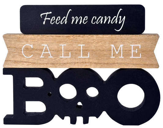 Wooden Block Halloween Decoration, Feed Me Candy, Call Me Boo 3D Quote, Premium Farmhouse & Vintage Halloween Decor, Office & Table Centerpiece, Hocus Pocus Halloween Decor (Black) - WoodArtSupply