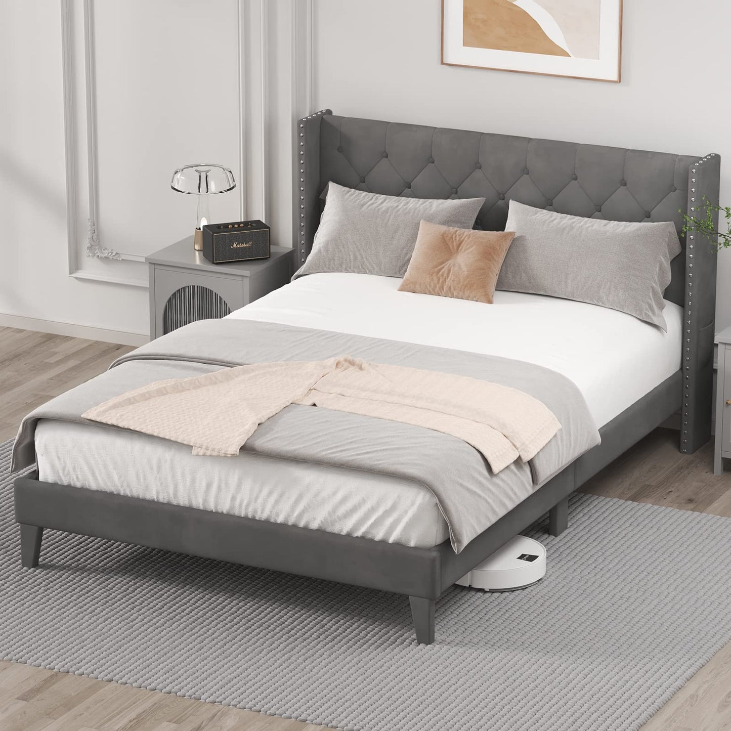 DOGIBIXO King Size Upholstered Bed Frame with LED Lights and Wingback Tufted Headboard in Grey - WoodArtSupply